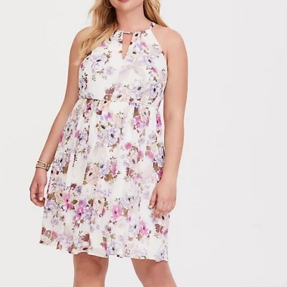 Torrid‎ Pink Purple Floral Chiffon Halter Neck Cutouts Sleeveless Mini Dress 1X - Picture 3 of 13